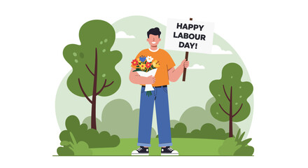 Cheerful Man Celebrates Labour Day with Flowers and Sign Outdoors.
