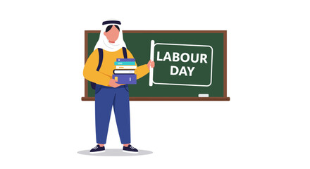 Student in Traditional Attire Holds Books Labour Day Announcement on Chalkboard.