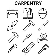 Fototapeta premium Line icon set of carpentry tools and construction elements