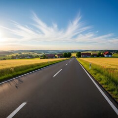 A country road stretches through a golden field.