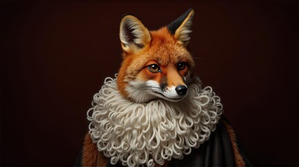 Fototapeta premium Elegant Fox with Curly Wool Collar and Classic Costume in Studio Setting