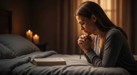 A woman kneels on a bed, hands clasped in prayer over an open book, with candles casting a warm glow.
