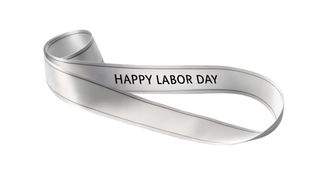 White ribbon with silver border and happy labor day text isolated on transparent background
