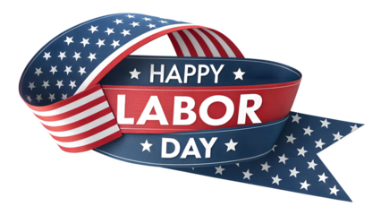 Happy labor day american flag ribbon with stars and stripes isolated on transparent background