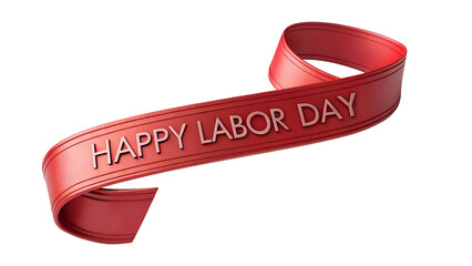 Red ribbon with embossed happy labor day text on transparent background