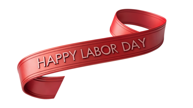 Red ribbon with embossed happy labor day text on transparent background