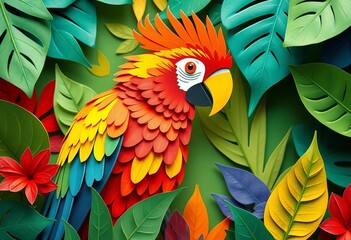 Fototapeta premium Vibrant paper-cut parrot amidst tropical leaves, intricate detail, animal, bright colors
