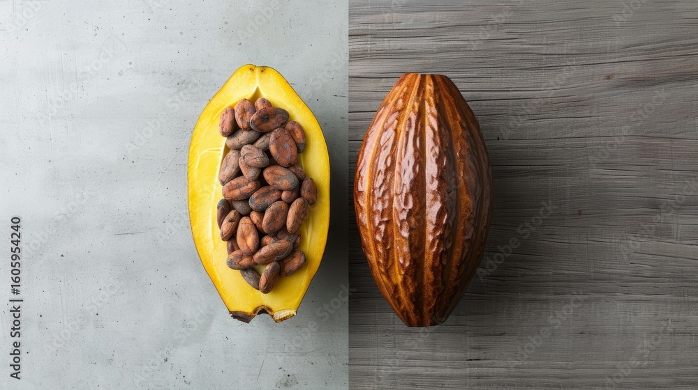 Poster a split image of a cacao fruit and beans side by side demonstrating the transformation from fruit to