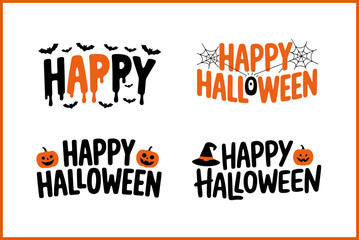 Halloween greeting typography with pumpkin bat and spider web, printable card poster tshirt sticker vector illustration set