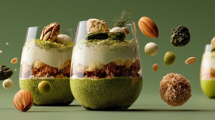 Matcha Parfait With Nuts And Seeds In Glass Dessert Cups