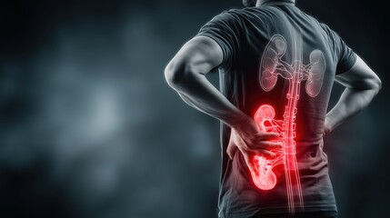 Man Experiencing Intense Lower Back Pain, Glowing Graphic Displays Internal Anatomy On Dark Background