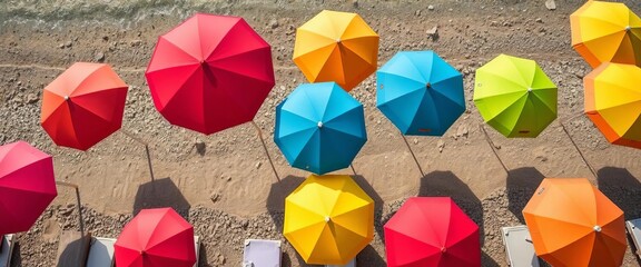 Vibrant beach umbrellas seen from above in San Benedetto del Tronto, coast, summer
