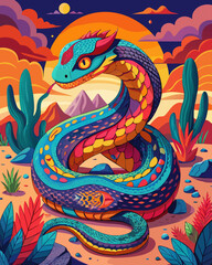 Vibrant desert snake illustration with scales and cacti, a colorful design for nature lovers and fantasy art fans