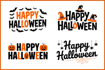 Halloween greeting typography with pumpkin bat and witch hat, printable card poster tshirt sticker vector illustration collection