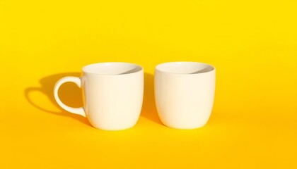 Two pristine white coffee cups sit on a vibrant yellow background,  drink,  still life