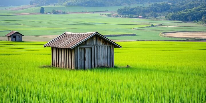 Two weathered wooden sheds stand alone amidst expansive green rice paddies,  green,  agriculture - Powered by Adobe
