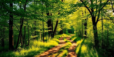 Fototapeta premium Sun-dappled woodland path, vibrant summer greens and golds, trees, lush