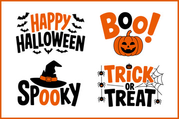 Halloween greeting typography with pumpkin bat and witch hat, printable card poster tshirt sticker vector illustration collection