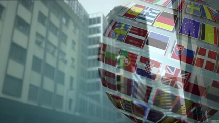 Sphere fading in initiating rotation, revealing shifting national flags with city reflections - Powered by Adobe