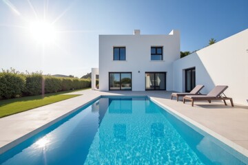 Fototapeta premium Modern white house with a pool and sun loungers.