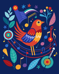 Cheerful bird sings a vibrant song surrounded by musical notes and delightful blooms, creating a playful harmony
