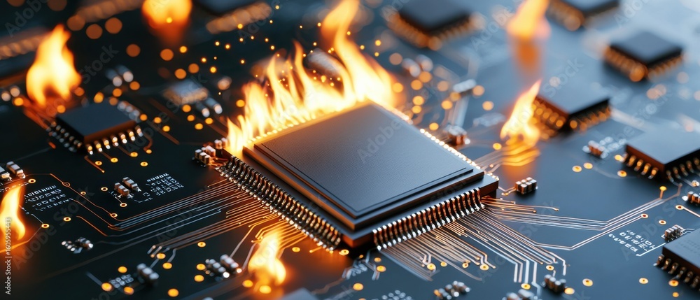 Poster a high-tech microchip or circuit board engulfed in a dynamic, fiery blaze, symbolizing the power and