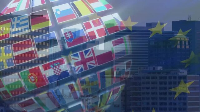 At start 3D globe rotating slowly, revealing national flags over static EU star skyline for news
