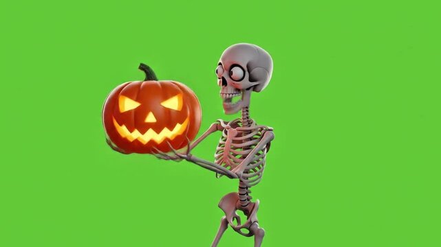 3D skeleton character holding a glowing Halloween Jack-o'-lantern pumpkin isolated on a bright green screen background suitable for chroma key use