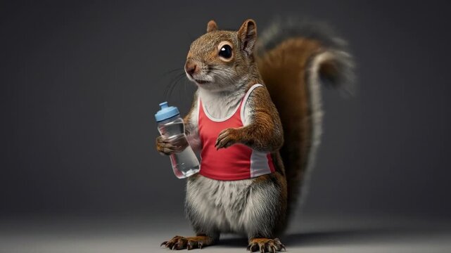 Squirrel Athlete with water bottle: An energetic squirrel in athletic attire, complete with a water bottle, ready for workout and embodies vitality and vigor