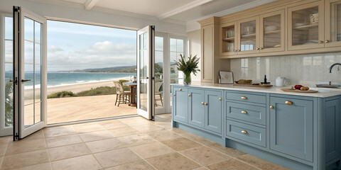 Coastal-themed kitchen with sea-blue cabinets, sandy beige flooring, and large glass doors opening to the ocean

