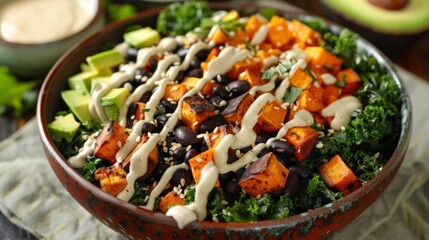 A vibrant nourish bowl filled with roasted sweet potatoes black beans avocado and kale drizzled with a creamy tahini dressing.