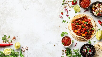 Fresh Mexican tacos with colorful toppings on rustic white background with lime and salsa ingredients