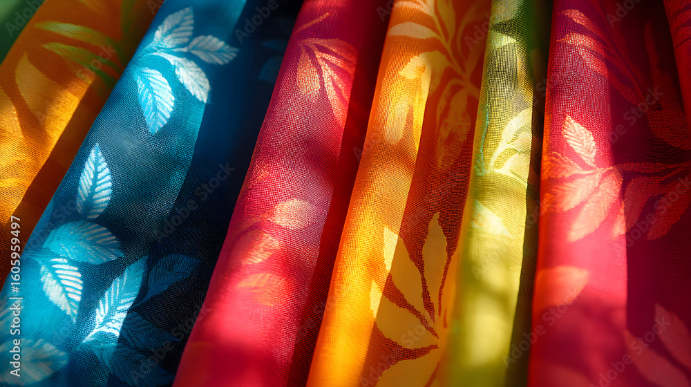 Poster close-up of multicolored fabrics with leaf pattern