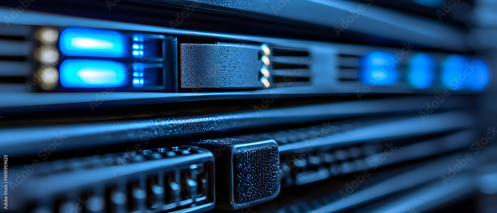 Poster close-up of server rack with blue lights, showing multiple hardware components.