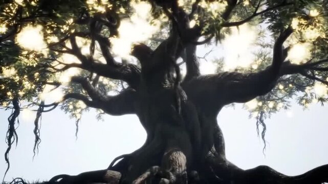 Massive ancient tree viewed from below with glowing sunlight through leaves