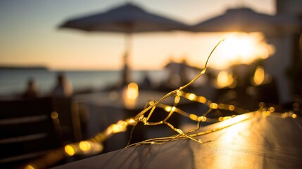 Golden sunset glow illuminating a beach restaurant with soft reflections of string lights.