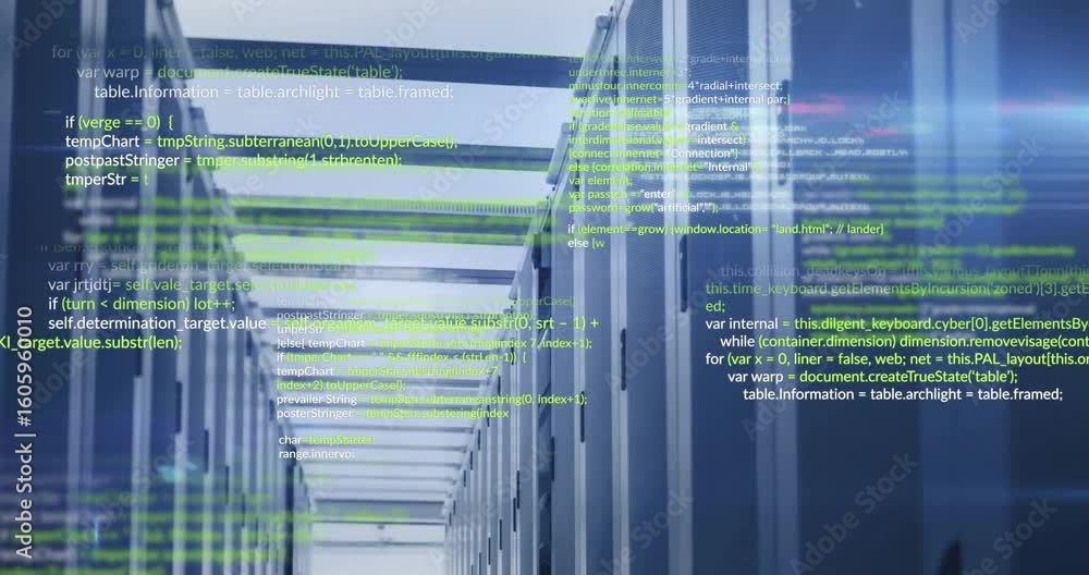 Poster green code lines appearing in data center corridor, scrolling upward, visualizing data flow overlay