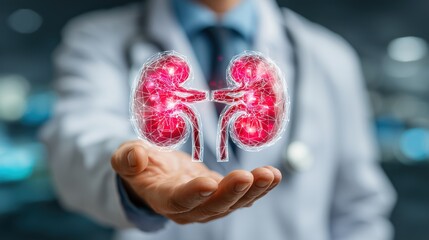 Medical Professional Presenting Illuminated Digital Kidney Illustration