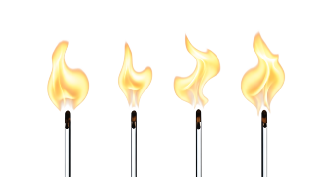 Four lit matches with bright flames isolated on transparent background