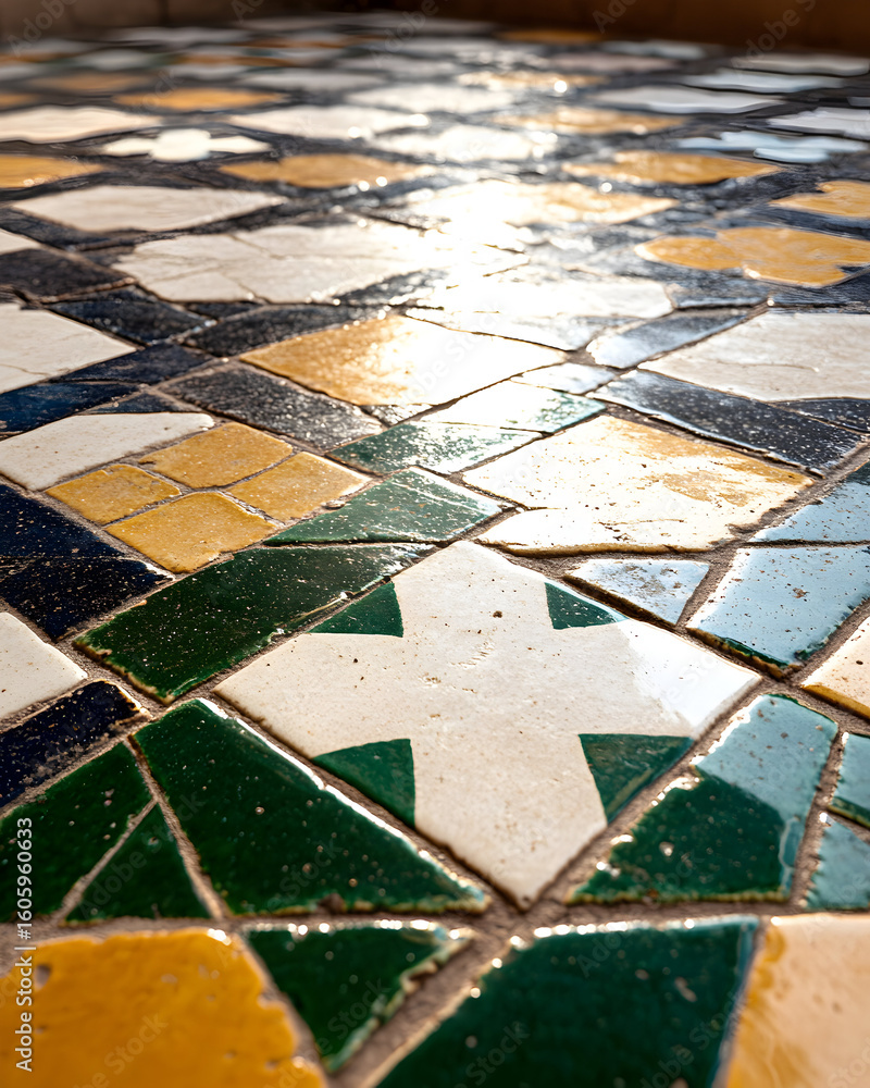 Poster close-up view of a mosaic tile floor with various colors and patterns.
