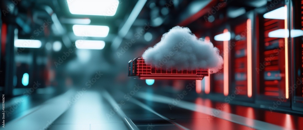 Poster futuristic digital network of glowing, cloud-like data storage infrastructure with high-speed connec