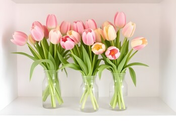 Fototapeta premium Pink tulip bouquet in a vase, a fresh spring flower arrangement blooming with natural beauty