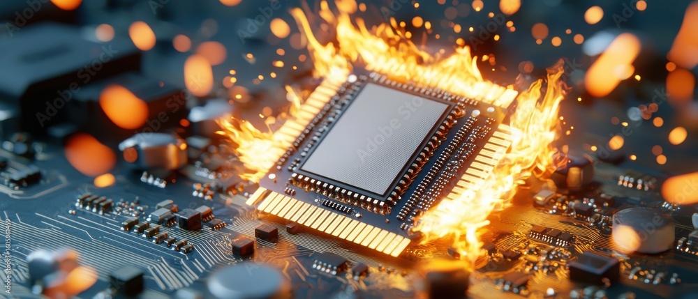 Poster a close-up view of a glowing computer chip, engulfed in fiery orange and red flames, symbolizing the