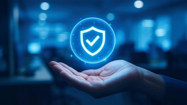 Automatic AI security task concept with hand holding glowing shield icon symbolizing digital protection and safety technology futuristic environment