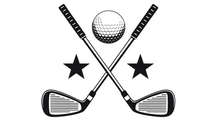 A black and white logo design featuring crossed golf clubs with a golf ball centered above them.