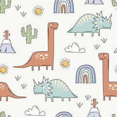 Cute cartoon dinosaur doodles seamless pattern with sun, cloud, cactus and rainbow. Childish vector illustration for Kids fabric or nursery decor, textile, clothing, cover, wrapping paper and more