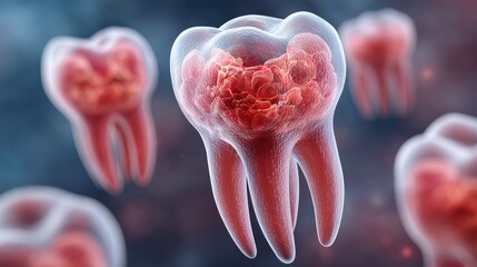 Microscopic View Of Tooth Decay Red And Blue Particles On A Tooth