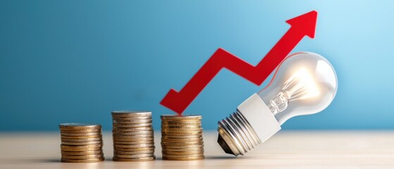 A glowing lightbulb placed next to a stack of coins, representing the idea of financial growth, investment, and wealth creation.