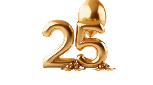 Golden twenty five balloon number with ribbons on transparent background