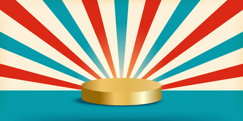 Circus style podium with radial red and blue stripes, vintage light burst and golden base podium. Retro carnival concept. Vector illustration with empty space for text